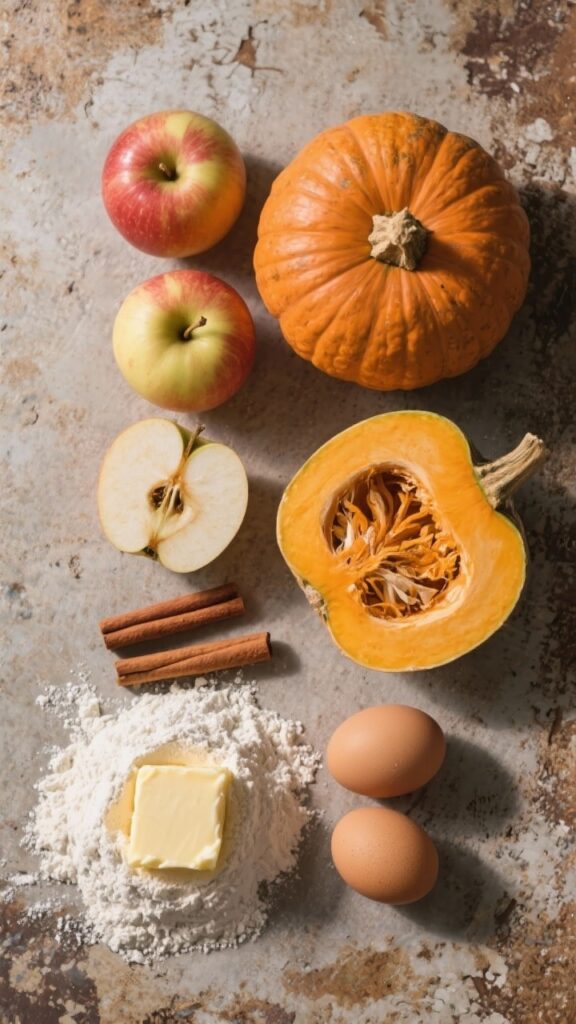 Flachlage mit Kürbis, Äpfeln, Zimtstangen, Mehl und Eiern