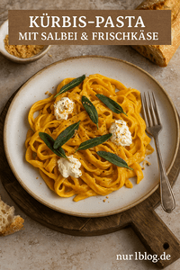 Cremige Kürbis-Pasta mit frischem Salbei und Frischkäse auf rustikalem Teller.