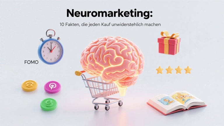 Neuromarketing visuell erklärt – Gehirn, Einkaufswagen, Farben, Social Proof und Storytelling in moderner Collage