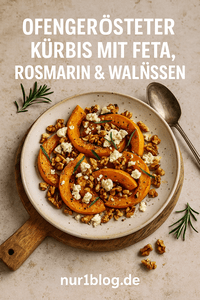 Ofengeröstete Kürbisspalten mit Feta, Rosmarin und Walnüssen auf rustikalem Teller.