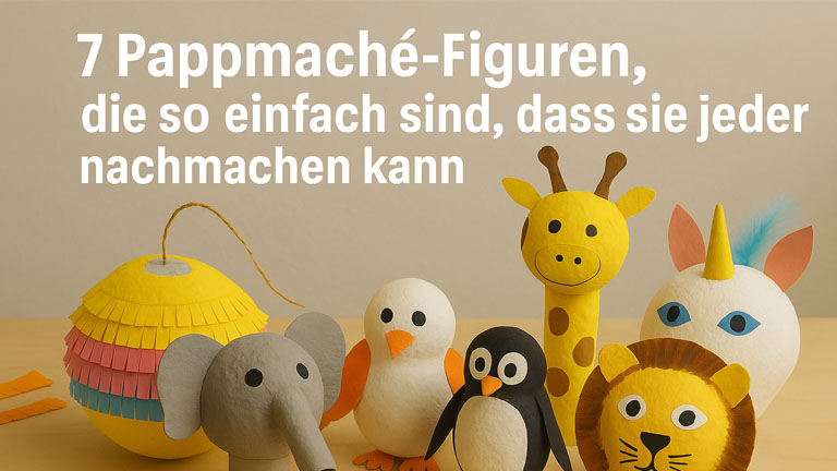 7 bunte Pappmaché-Figuren – Elefant, Giraffe, Pinguin, Vogel, Piñata, Löwe und Einhorn – einfach nachzubasteln für Kinder und Teenager.