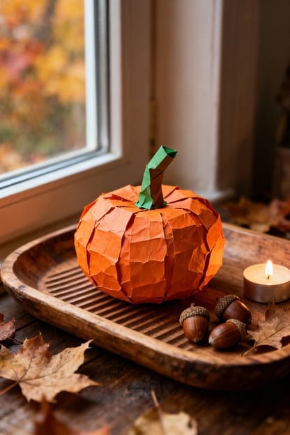 Pappmaché-Laterne mit eingeklebten Herbstblättern und warmem LED-Licht auf Holztisch