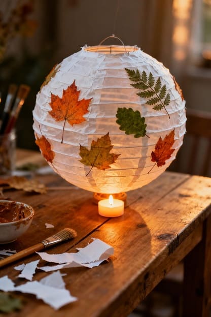 Pappmaché-Laterne mit eingeklebten Herbstblättern und warmem LED-Licht auf Holztisch