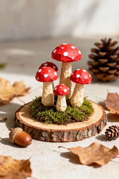 DIY Pappmaché-Pilze mit roten Kappen und weißen Punkten auf Moosscheibe