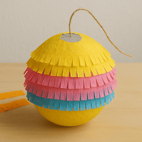 Bunte Piñata aus Pappmaché mit gelben, pinken und blauen Fransen auf Holztisch.
