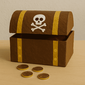 Braune Pappmaché-Schatzkiste mit goldenen Streifen, Totenkopf-Aufkleber und goldenen Schokomünzen davor.