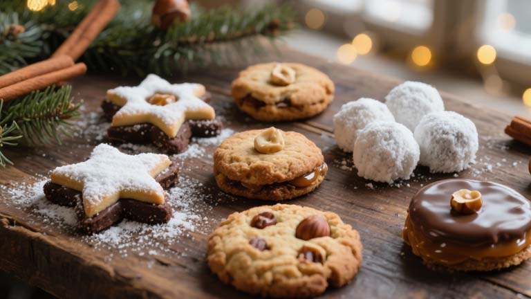 Sechs verschiedene Haselnuss-Plätzchen auf einem weihnachtlich dekorierten Tisch – Schoko, Nougat-Sterne, Zimt, Schneebälle, Dattel-Kekse und Karamell-Taler