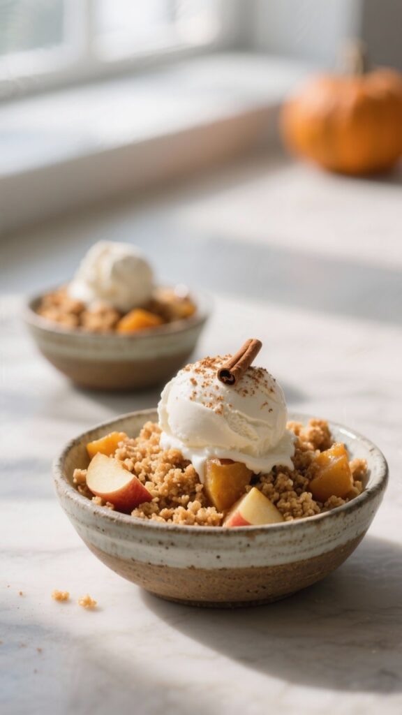 Servierschale mit warmem Apfel-Kürbis-Crumble und Vanilleeis