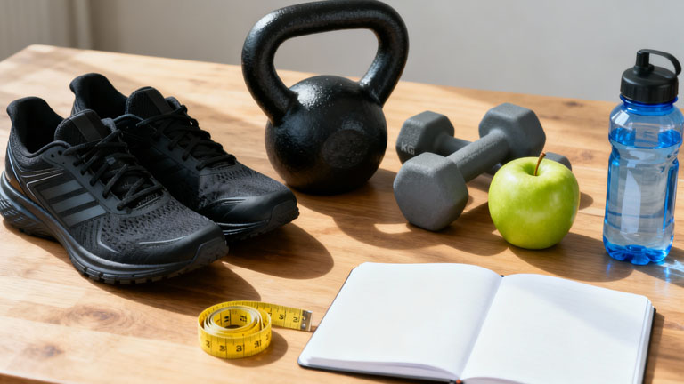 Fitness-Flatlay mit Sportschuhen, Hanteln, Kettlebell, Wasserflasche, Apfel, Maßband und Notizbuch auf Holztisch