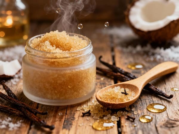 Zucker-Vanille-Körperpeeling mit Kokosöl im Glas