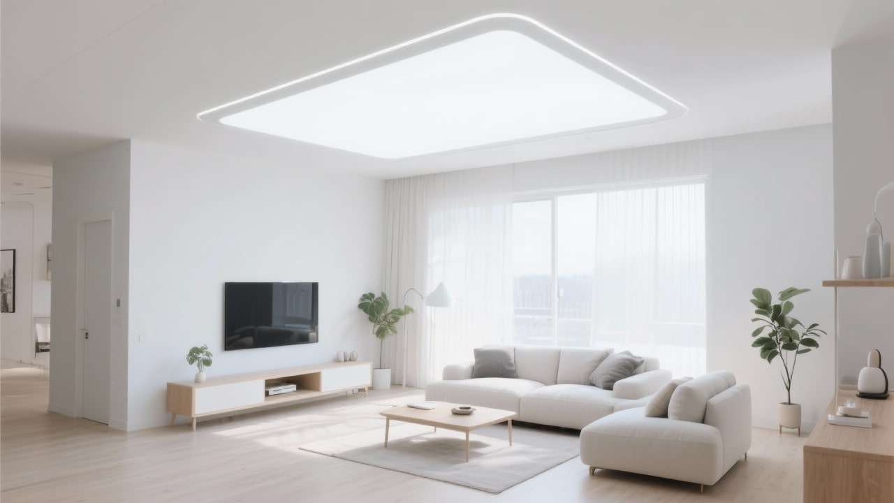 Helles LED-Deckenpanel erleuchtet modernes Wohnzimmer mit Tageslicht