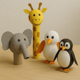 Vier Pappmaché-Tierfiguren – Elefant, Giraffe, Vogel und Pinguin – auf einem Holztisch.
