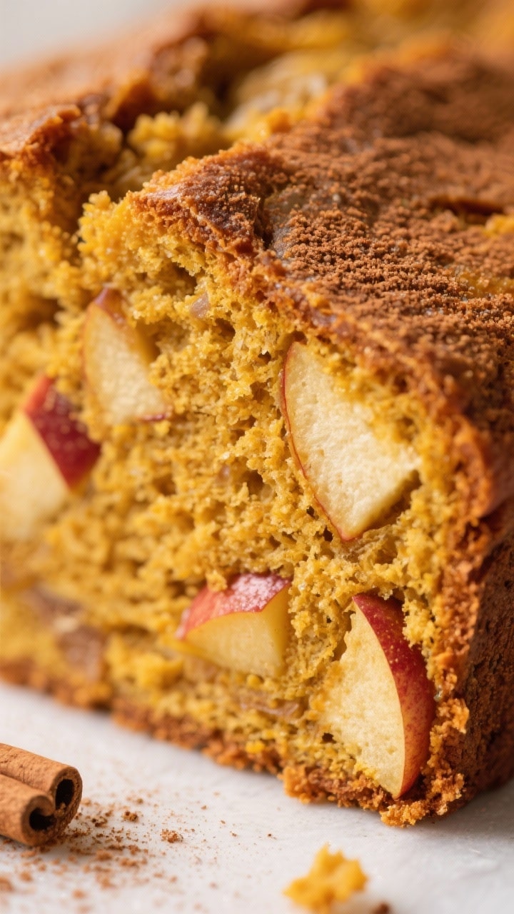 Detailansicht von Kürbisbrot mit Apfelstückchen und Zimtpuder