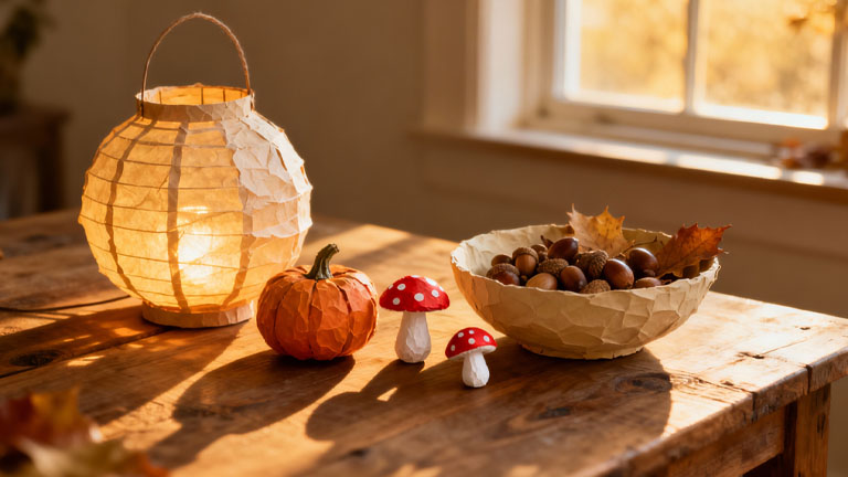 Flatlay mit mehreren Pappmaché-Herbstprojekten auf Holztisch