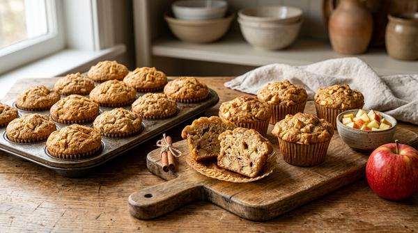 Goldbraune Muffins mit Apfelstücken und Zimt, teilweise in einer Muffinform