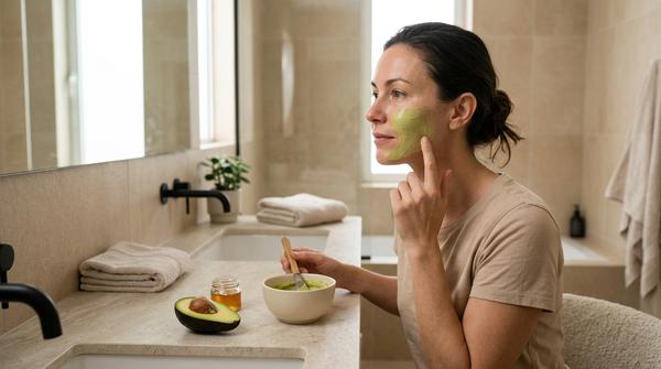 Frau trägt eine dünne Avocado-Honig-Maske auf die Wange auf