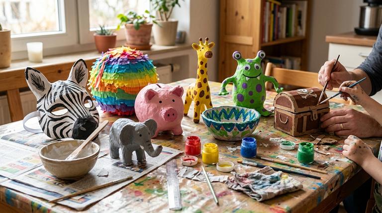 Selbst gebastelte Pappmaché-Maske, Piñata, Spardose, Tiere, Schale, Monster und Schatzkiste