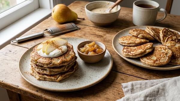 Kleine Pancakes mit geriebener Birne, Zimt, Naturjoghurt und Birnenspalten
