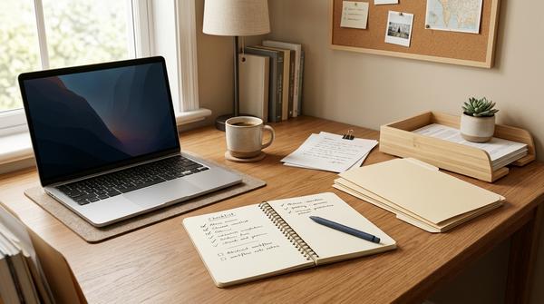 Organisierte Arbeitsfläche mit Checkliste, Unterlagen und Laptop