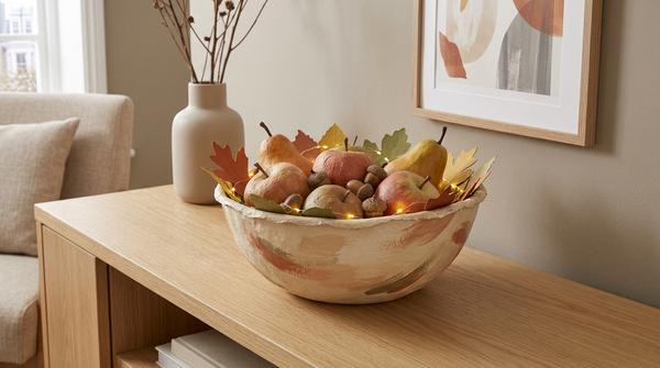 Selbst gebastelte Pappmaché-Herbstschale mit trockener Dekoration