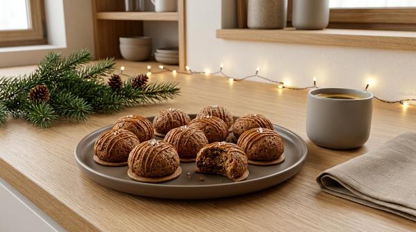 Espresso-Haselnussmakronen mit feinem Karamell und wenigen Salzkristallen