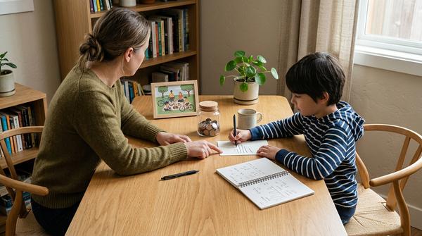 Elternteil und Kind planen gemeinsam ein Sparziel für einen Familienausflug
