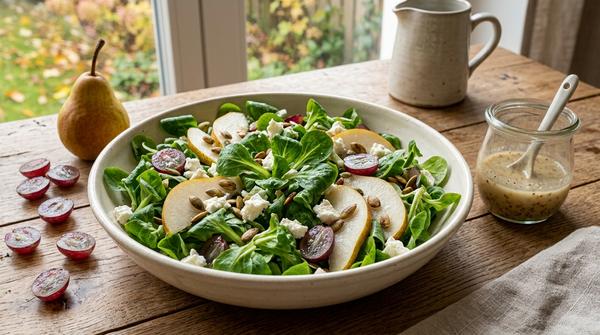 Feldsalat mit Birnenspalten, halbierten Trauben, Feta und Kürbiskernen