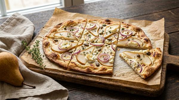 Dünner Flammkuchen mit Birnenspalten, Ziegenkäse, roten Zwiebeln und Thymian