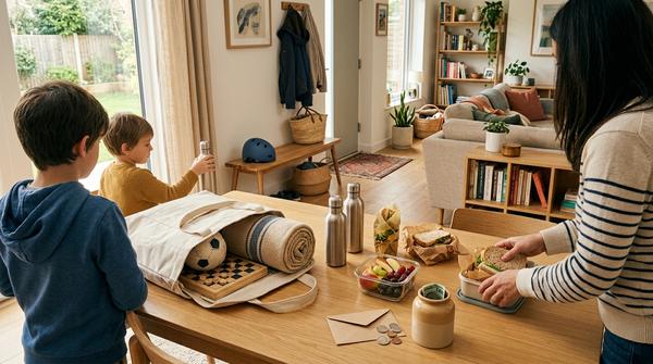 Familie bereitet in einem modernen Zuhause einen günstigen Ausflug vor