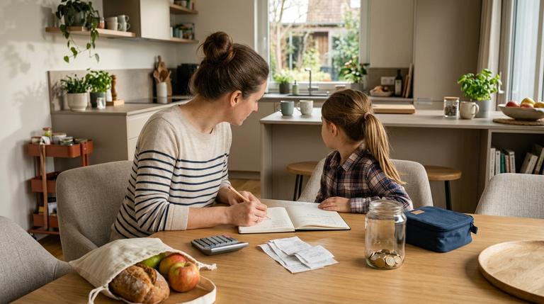 Elternteil und Kind planen an einem modernen Esstisch das Familienbudget