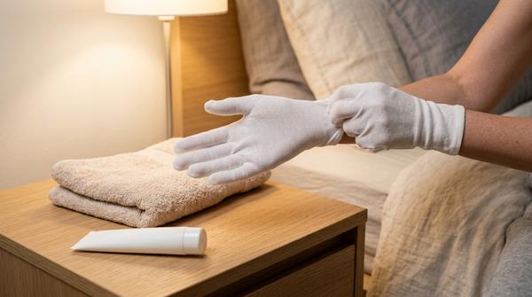 Eingecremte Hände werden mit dünnen Baumwollhandschuhen geschützt