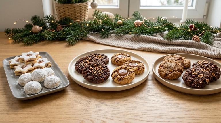 6 verschiedene Haselnuss-Plätzchen mit Schokolade, Nougat, Zimt, Puderzucker, Datteln und Karamell