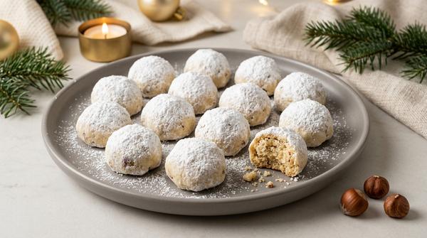 Kleine Haselnuss-Schneebälle mit feinem Puderzucker