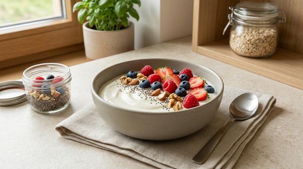 Naturjoghurt mit frischen Beeren, Chiasamen und wenigen Nüssen