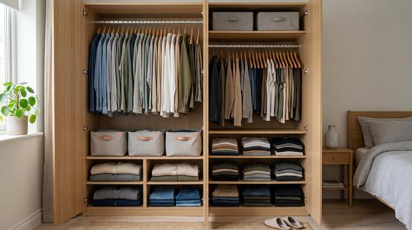 Gut organisierter Kleiderschrank mit schmalen Bügeln und klaren Fächern