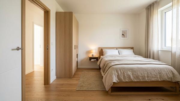 Kleines Schlafzimmer mit sinnvoll platzierter Bettposition und freiem Laufweg