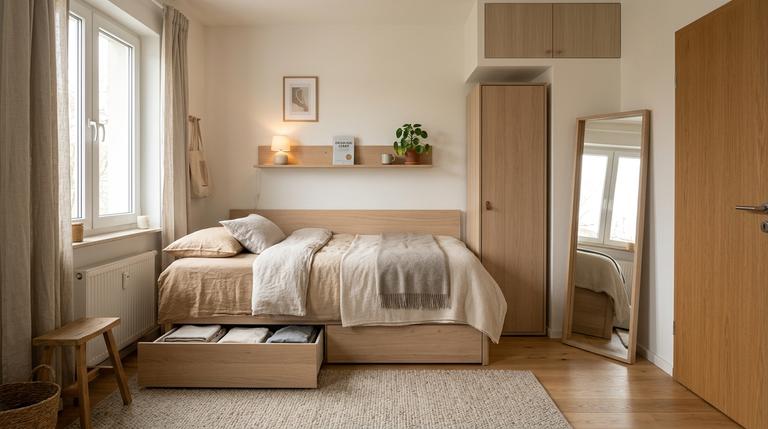 Modernes kleines Schlafzimmer mit durchdachten Stauraumlösungen