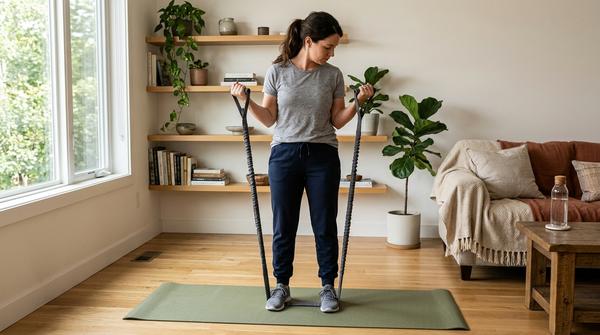 Erwachsene Person macht eine einfache Bizepsübung mit einem Widerstandsband im Wohnzimmer