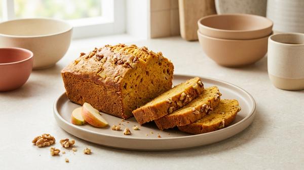 Aufgeschnittener Kürbis-Apfel-Kastenkuchen mit Walnüssen