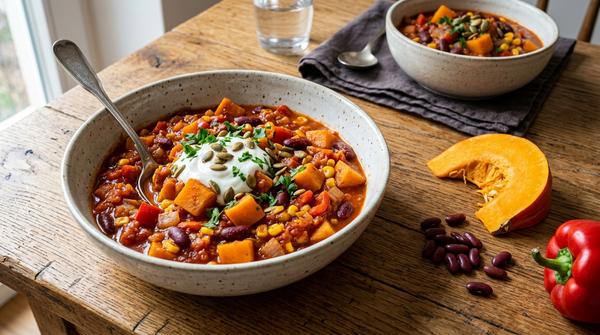 Vegetarisches Chili mit Kürbis, Kidneybohnen, Mais, Paprika und Tomaten
