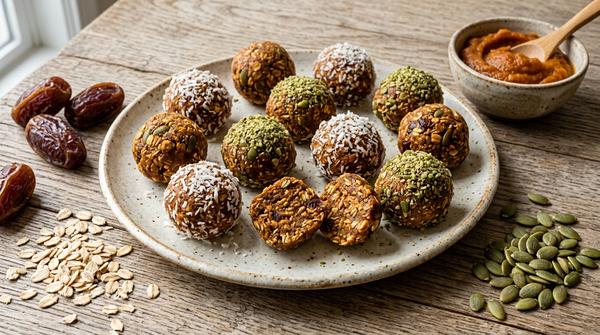 Kleine Hafer-Kugeln mit Kürbispüree, Datteln, Kürbiskernen und Kokosraspeln