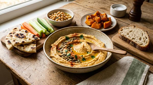 Cremiger Kürbis-Hummus mit Kichererbsen, Tahin und Kürbiskernen