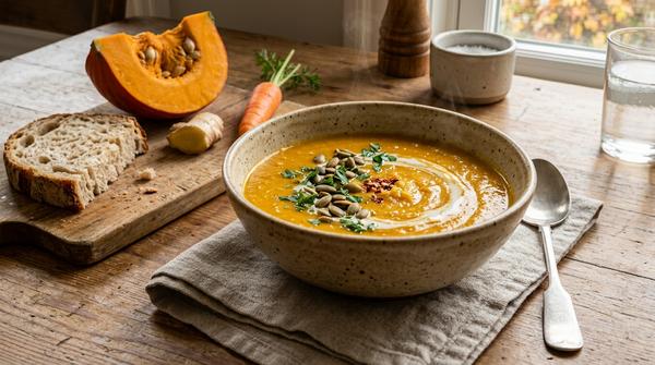 Cremige Kürbissuppe mit Ingwer, Kürbiskernen und Petersilie