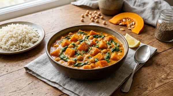 Cremiges Curry mit Kürbiswürfeln, Kichererbsen, Kokosmilch, Tomaten und Spinat