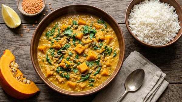 Cremiges Kürbis-Curry mit roten Linsen, Kokosmilch, Spinat und Reis