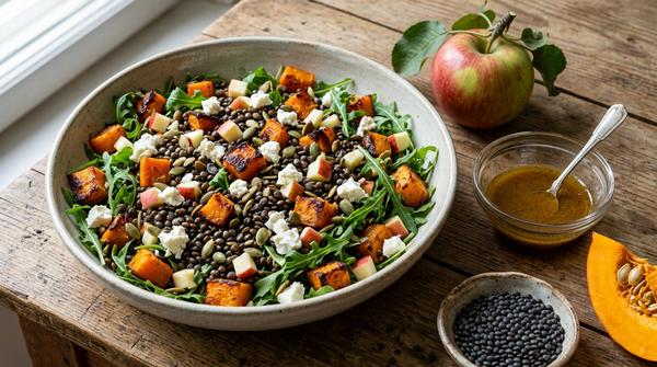 Salat mit geröstetem Kürbis, Belugalinsen, Apfel, Rucola, Feta und Kürbiskernen