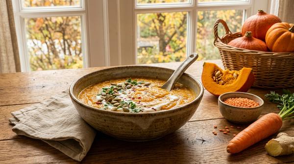 Cremige Kürbissuppe mit roten Linsen, Kürbiskernen und Petersilie