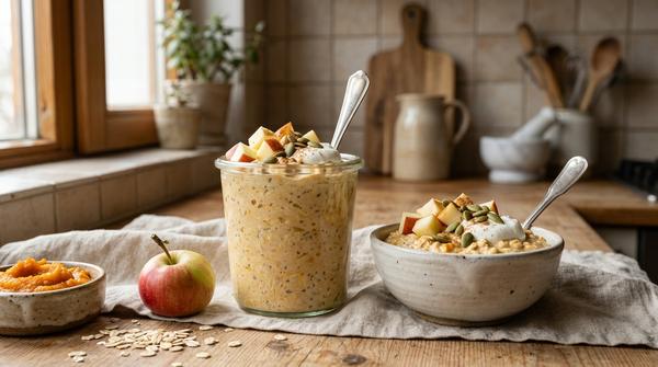 Overnight Oats mit Kürbispüree, Haferflocken, Joghurt, Apfel und Kürbiskernen