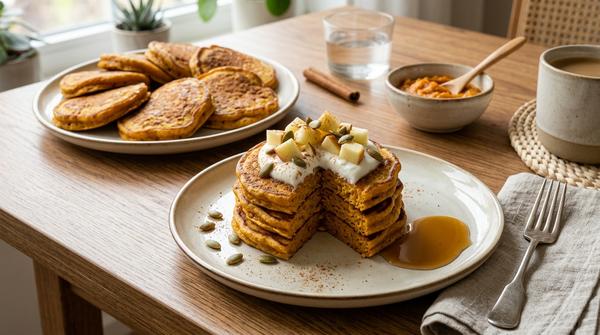 Kleine Kürbis-Pancakes mit Naturjoghurt, Apfelstücken, Zimt und Kürbiskernen