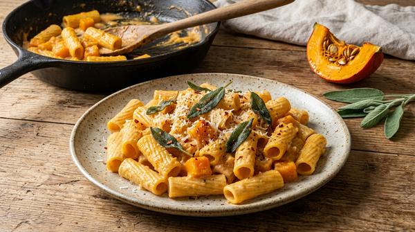 Pasta mit cremiger Kürbissauce, Kürbiswürfeln, Salbei und Parmesan